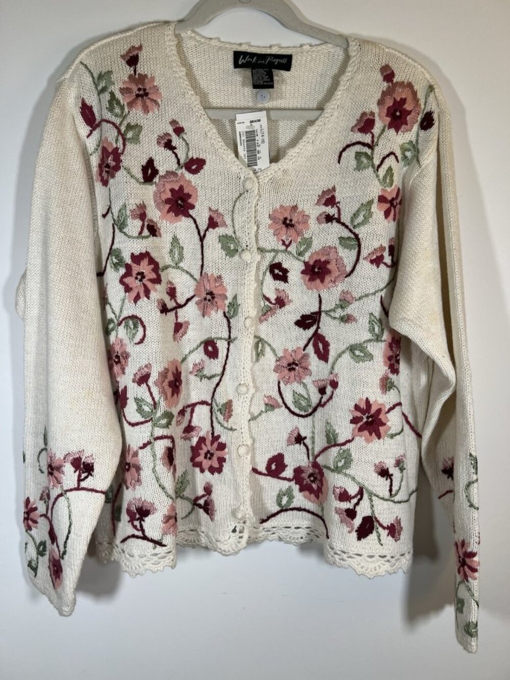 NEW Deadstock Vintage 90s Work in Progress cream pink floral cottage cardigan L